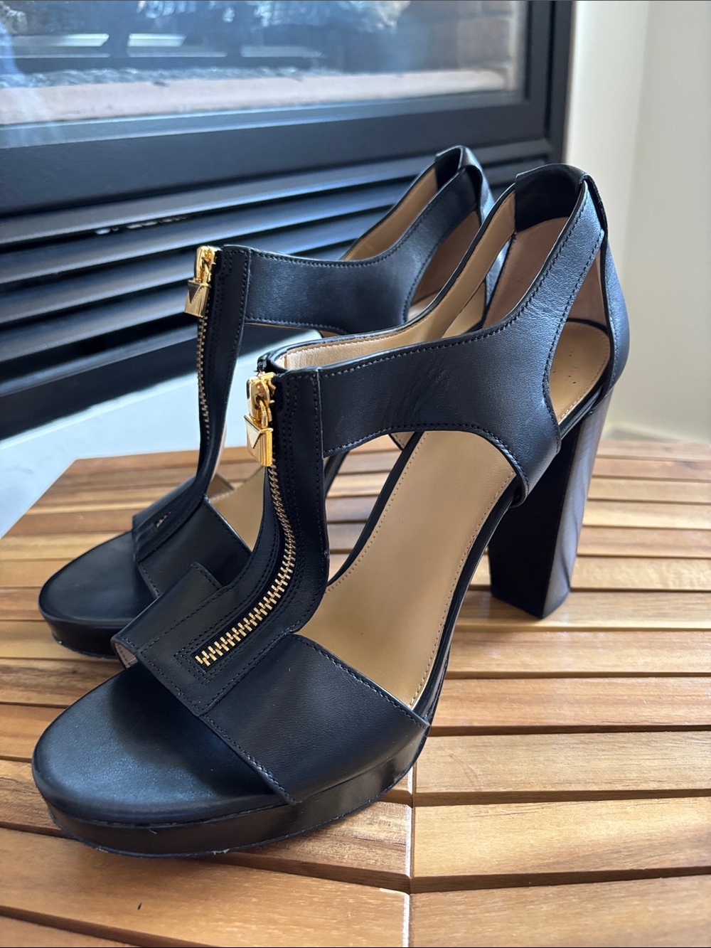 Michael Kors Black Leather Block Heel Sandals with Gold Zip